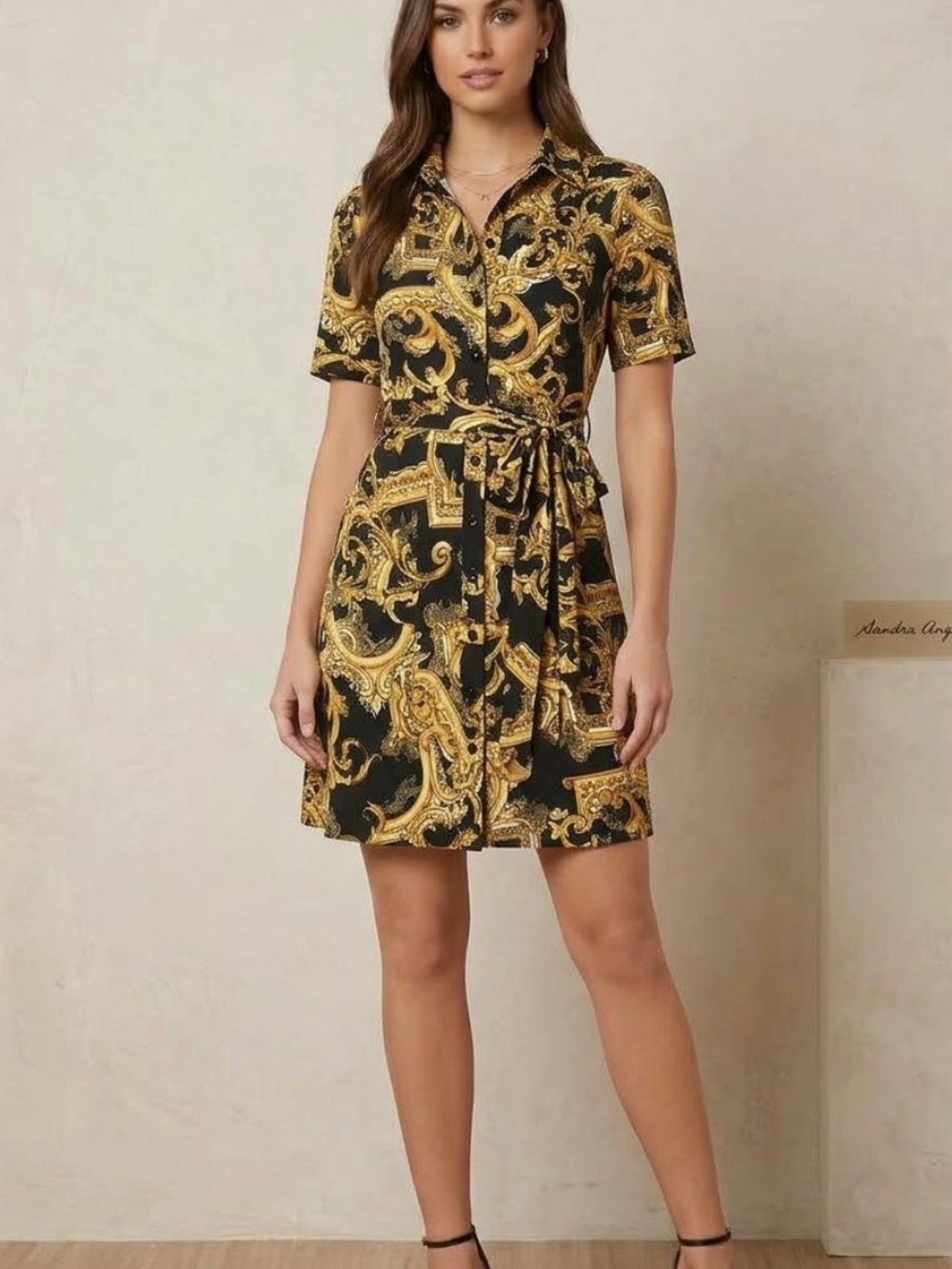 Sandra Angelozzi Black & Gold Short Sleeve Wrap Dress Size XS